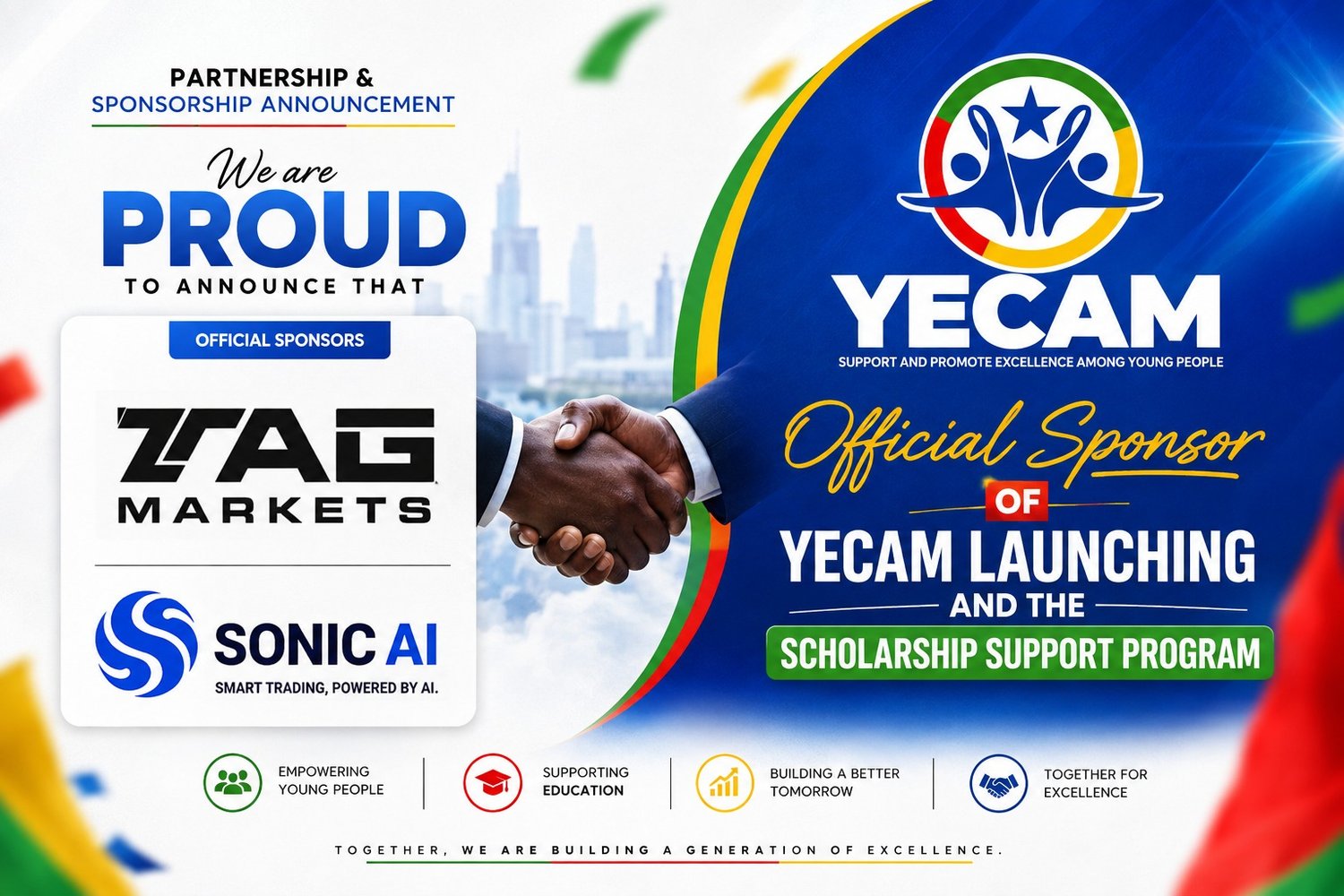 YECAM Launching and Scholarship Support Program — official partnership and sponsorship announcement featuring TAG Markets and Sonic AI
