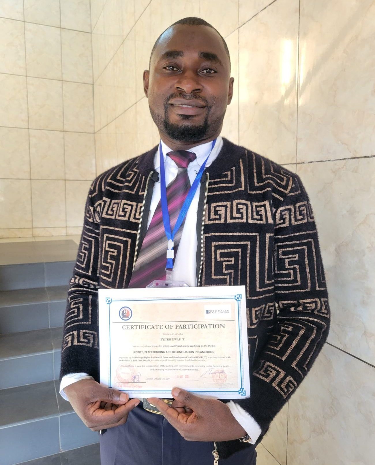 Certificate of participation in a High-Level Peacebuilding Workshop in Douala