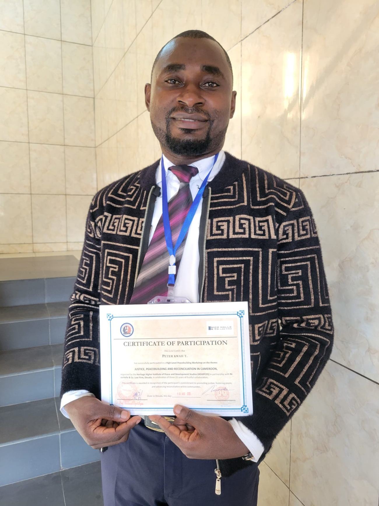 Certificate of participation in a High-Level Peacebuilding Workshop in Douala